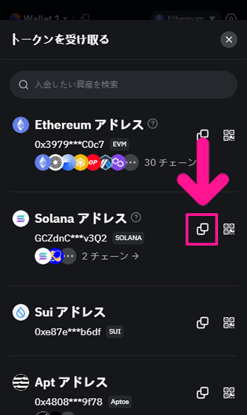 SAC(サコイン)の買い方 ステップ2：『Solanaアドレス』の右側にあるコピーマークをクリックする