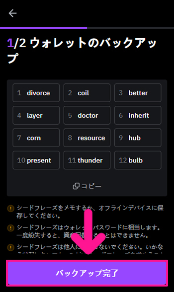 Bybitウォレットを作成する方法 ステップ15：シードフレーズが保管できたら『バックアップ完了』ボタンをクリックする